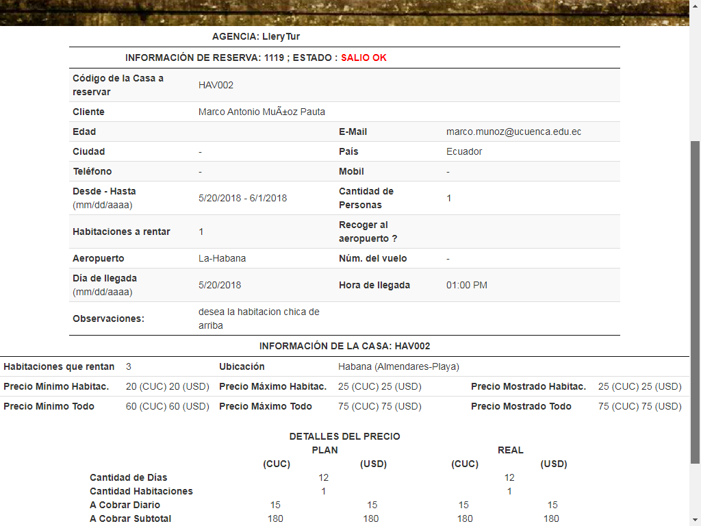 Informacin de la Reserva seleccionada